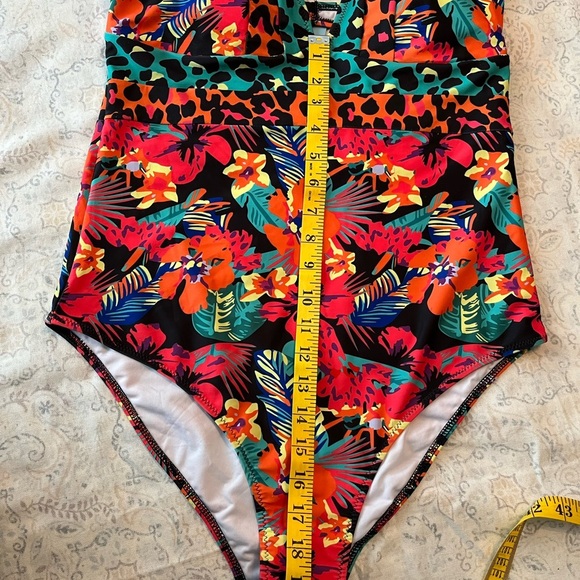 Red and Orange One Piece Swimsuit with‎ Plunging V-Neck - Picture 7 of 11